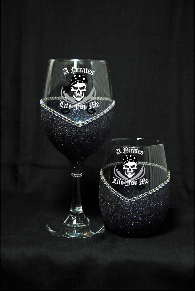 Pirates Life For Me (Black)-Bling Stem or Stemless Wine Glasses-Choose your color-Pirate Theme