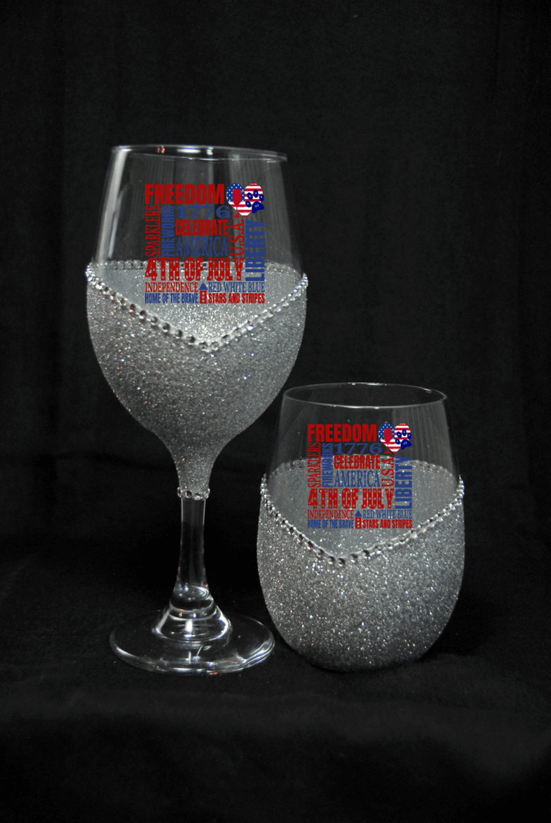 Freedom Squared Bling Stem or Stemless Wine Glasses-Choose your color-4th of July