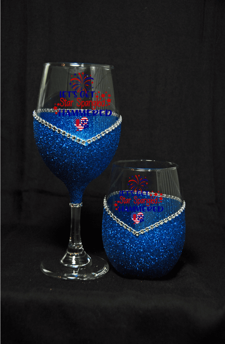Let's Get Star Spangled Hammered Bling Stem or Stemless Wine Glasses-Choose your color-4th of July