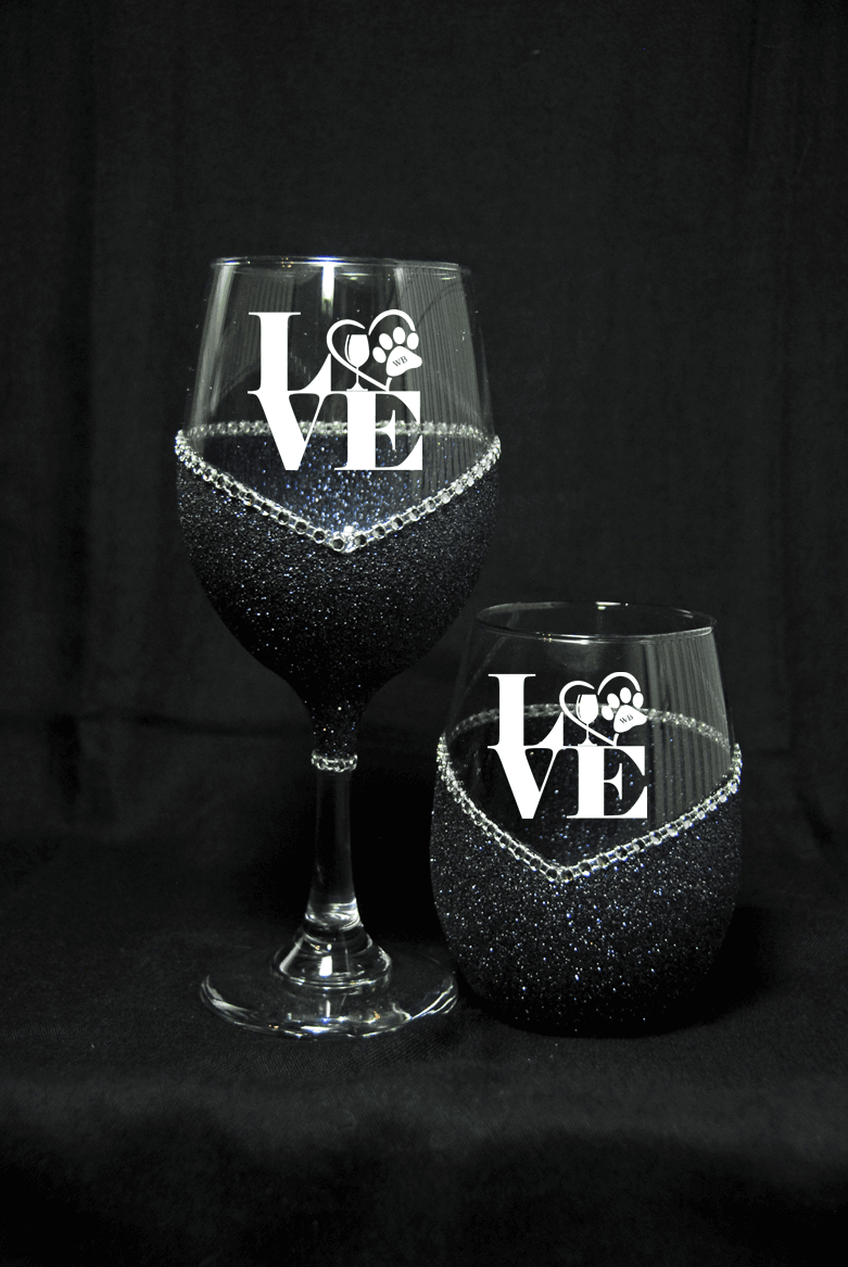 LOVE- Valentine Bling Drinkware Stem or Stemless Wine Glasses-Choose your color - Winey Bitches - Wine- Women- K9's