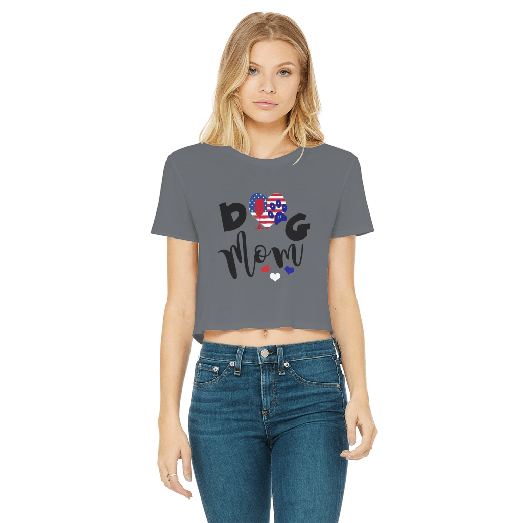 Apparel Dark Grey / Female / S WineyBitches.Co American Dog Mom Classic Women's Cropped Raw Edge T-Shirt WineyBitchesCo