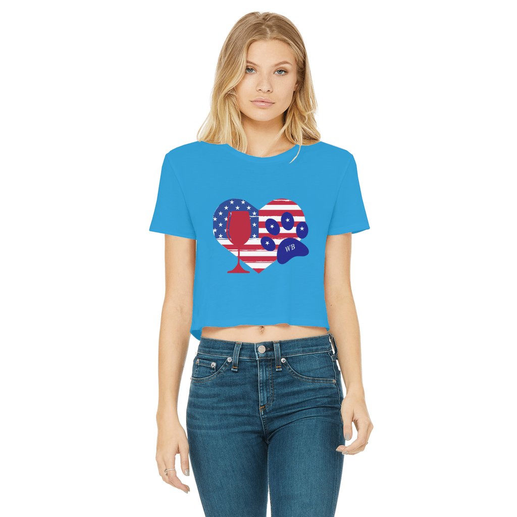 Apparel Sapphire / Female / S WineyBitches.Co American Wine Heart Paw Classic Women's Cropped Raw Edge T-Shirt WineyBitchesCo