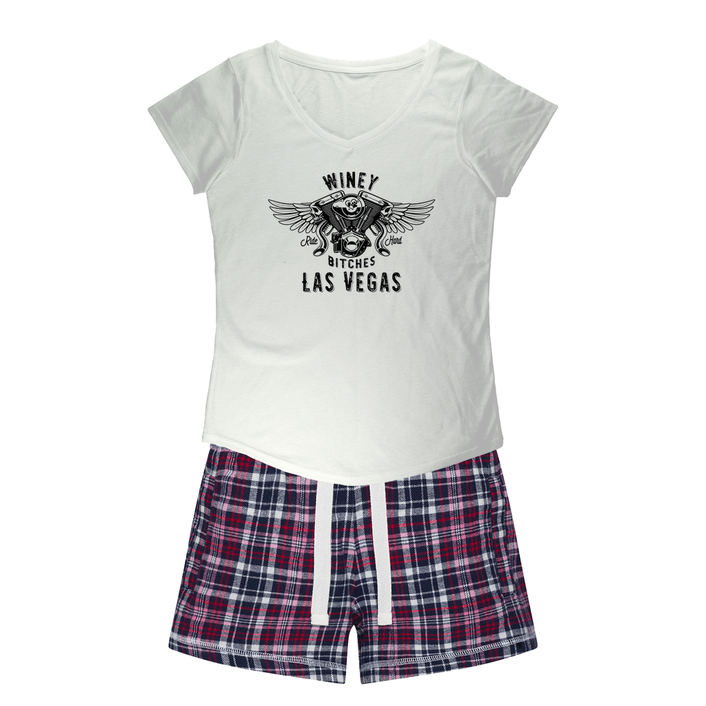 Apparel White Tee / Navy Short / XS Winey Bitches Co "Ride Hard Las Vegas" Girls Sleepy Tee and Flannel Short WineyBitchesCo
