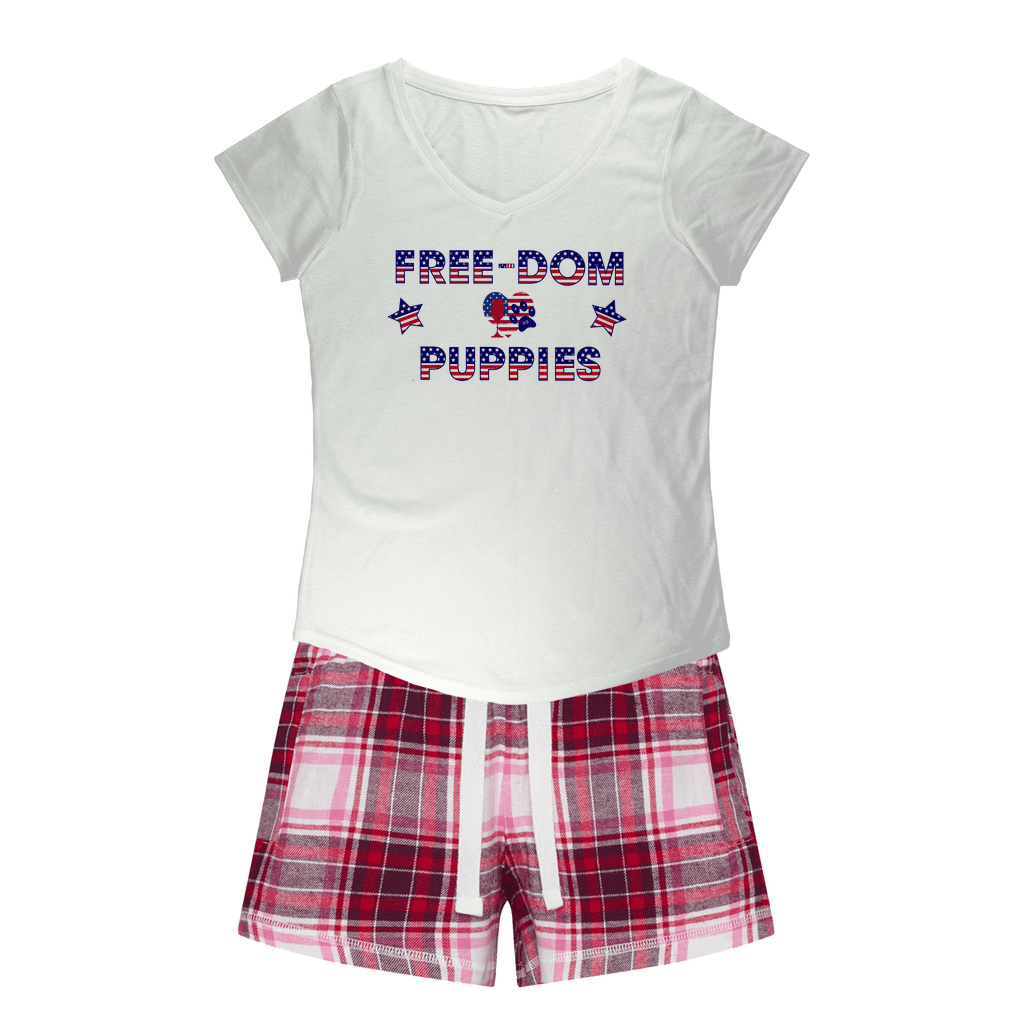 Apparel White Tee / Red Pink Short / XS WineyBitches.Co Free-dom Puppies Girls Sleepy Tee and Flannel Short WineyBitchesCo