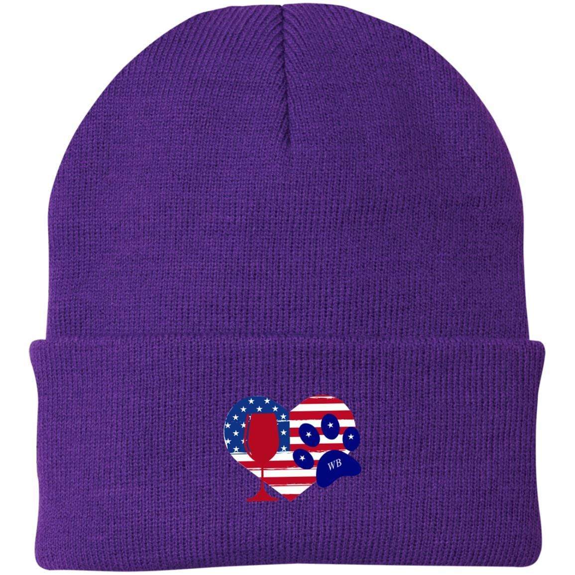 Hats Athletic Purple / One Size Winey Bitches Co "American Wine Heart Paw Embroidered Knit Cap WineyBitchesCo