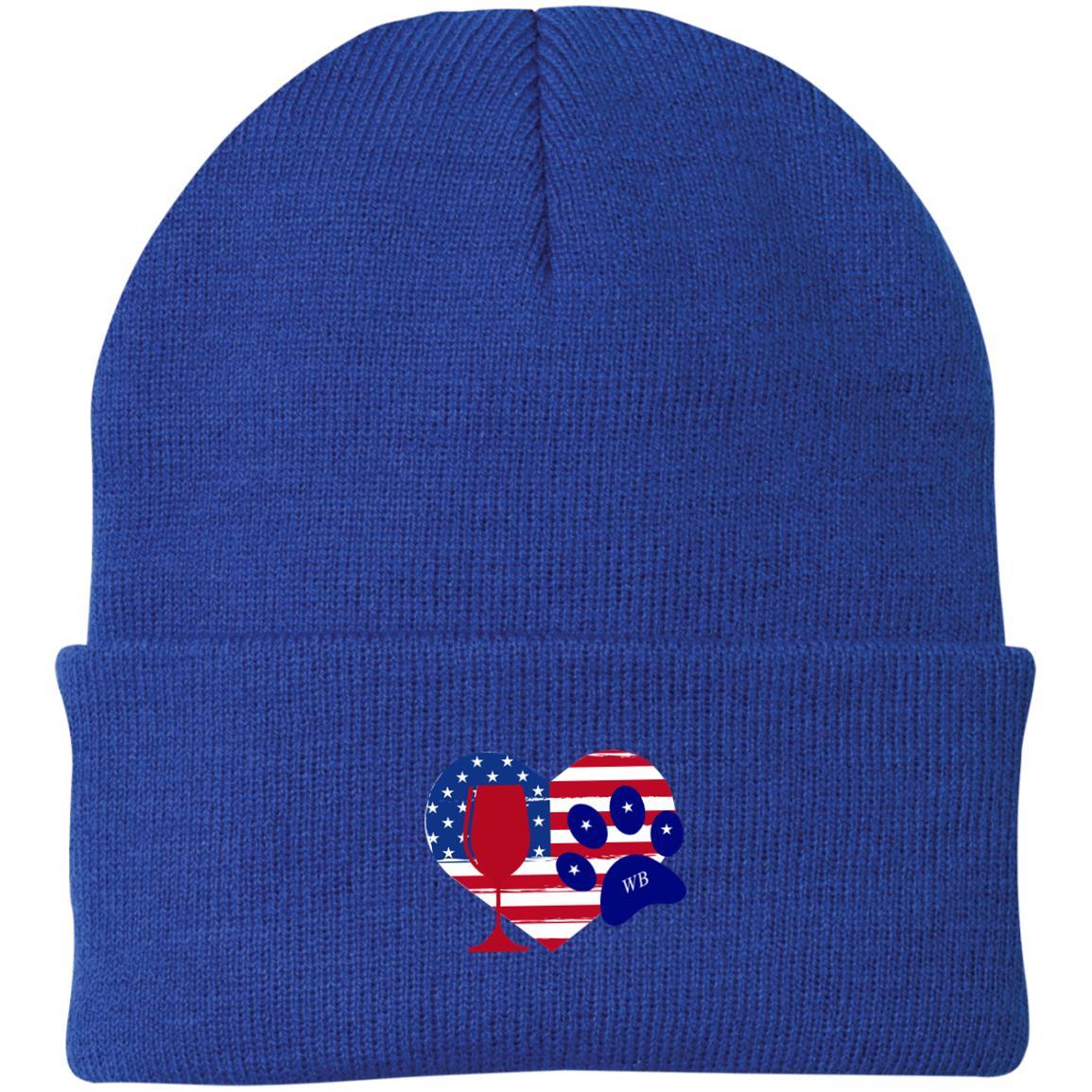 Hats Athletic Royal / One Size Winey Bitches Co "American Wine Heart Paw Embroidered Knit Cap WineyBitchesCo