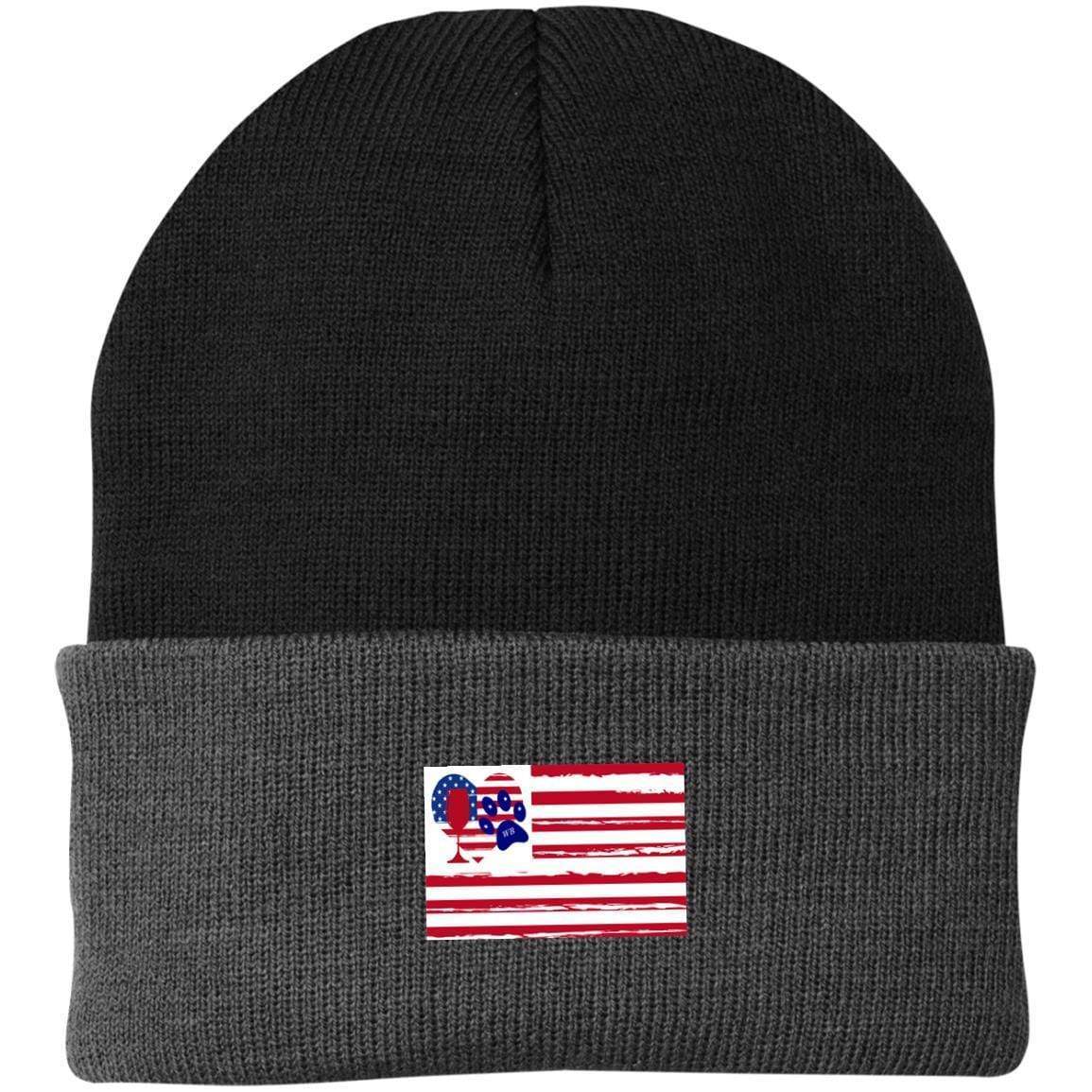Hats Black/Athletic Oxford / One Size Winey Bitches Co "American Flag" Embroidered Knit Cap WineyBitchesCo