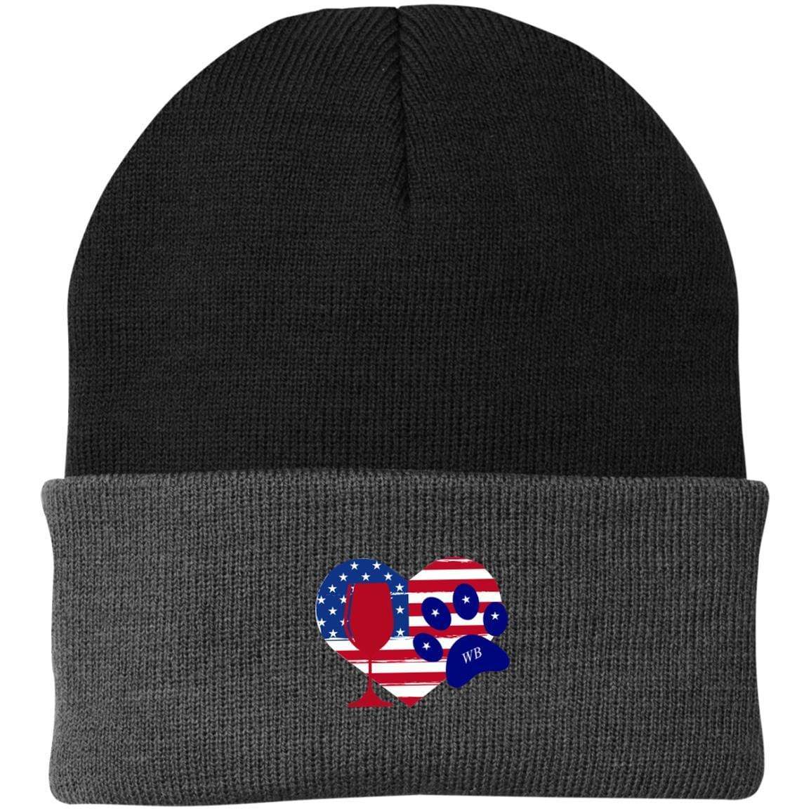 Hats Black/Athletic Oxford / One Size Winey Bitches Co "American Wine Heart Paw Embroidered Knit Cap WineyBitchesCo