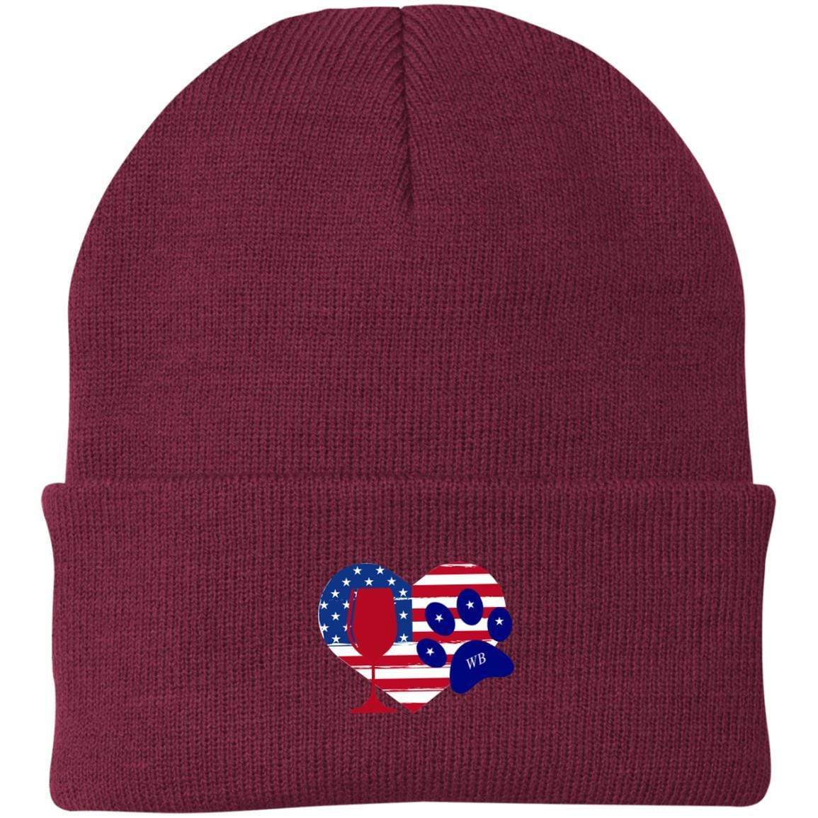 Hats Maroon / One Size Winey Bitches Co "American Wine Heart Paw Embroidered Knit Cap WineyBitchesCo