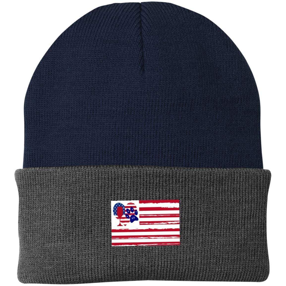 Hats Navy/Athletic Oxford / One Size Winey Bitches Co "American Flag" Embroidered Knit Cap WineyBitchesCo