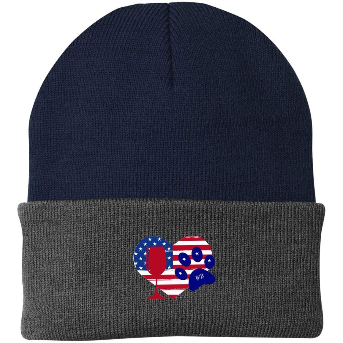 Hats Navy/Athletic Oxford / One Size Winey Bitches Co "American Wine Heart Paw Embroidered Knit Cap WineyBitchesCo
