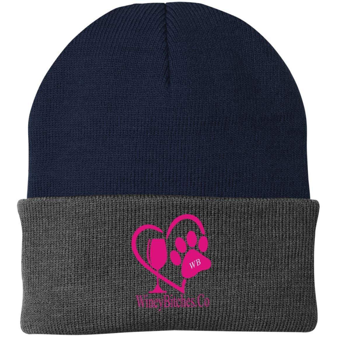 Hats Navy/Athletic Oxford / One Size Winey Bitches Co Logo Embroidered Knit Cap WineyBitchesCo