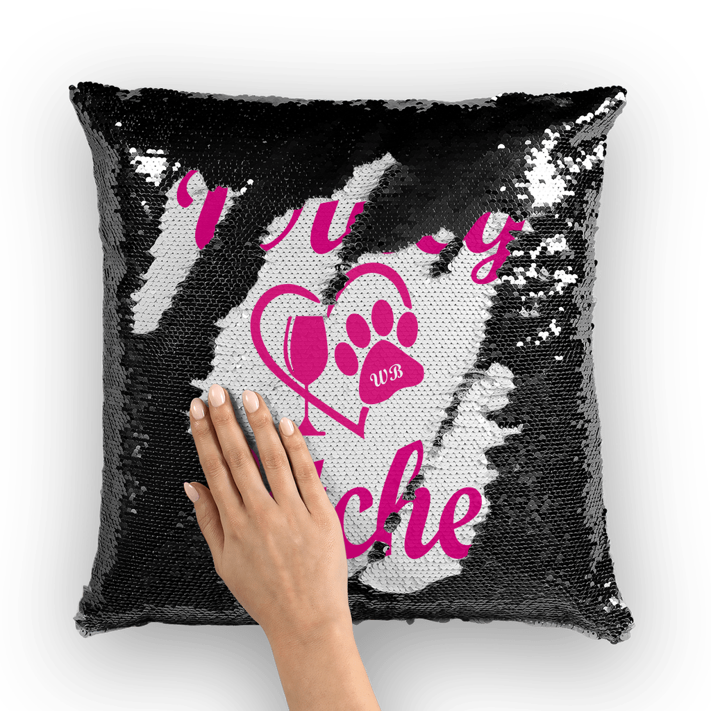 Homeware Black / White Winey Bitches Wine Paw Heart Collection Winey Bitches Sequin Cushion Cover WineyBitchesCo