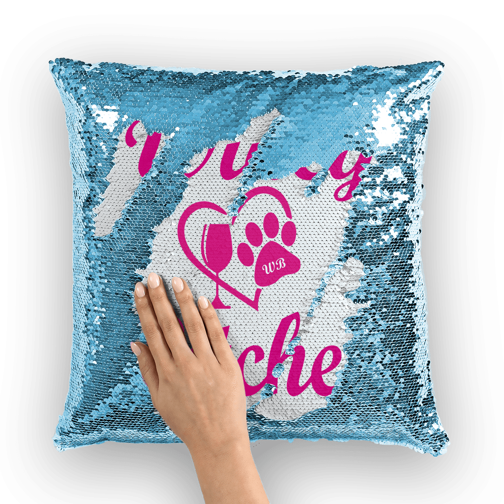 Homeware Light Blue / White Winey Bitches Wine Paw Heart Collection Winey Bitches Sequin Cushion Cover WineyBitchesCo