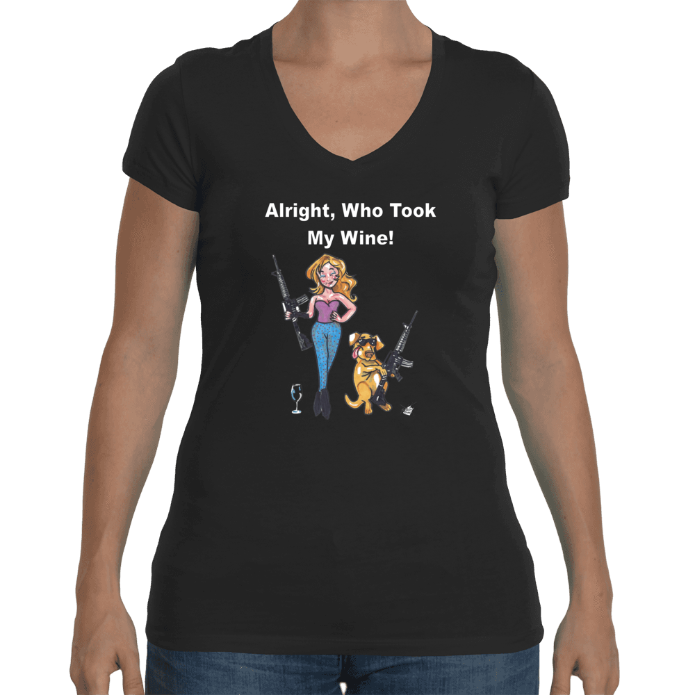 Ladies Soft V-Neck Small / Black WineyBitches.co Who Took My Wine V Neck Tee WineyBitchesCo