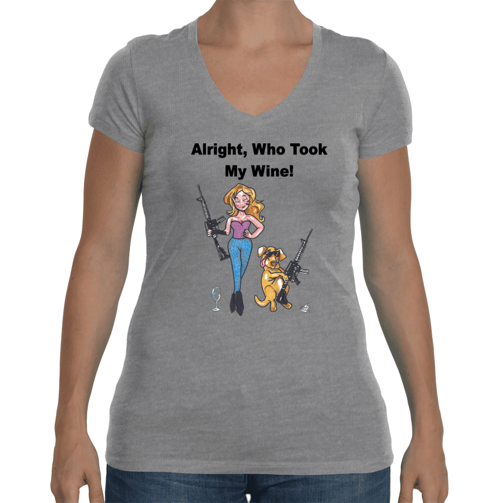 Ladies Soft V-Neck Small / Heather Grey WineyBitches.co Who Took My Wine V Neck Tee WineyBitchesCo