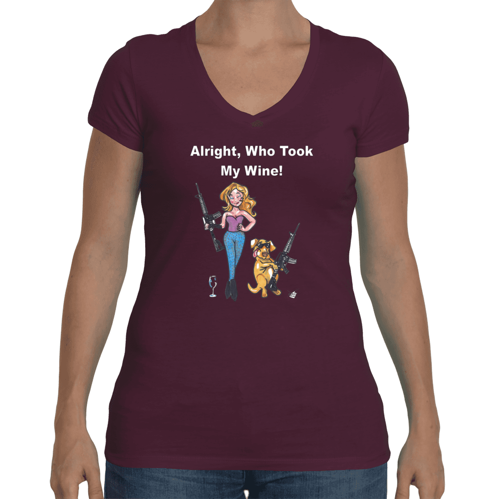 Ladies Soft V-Neck Small / Plum WineyBitches.co Who Took My Wine V Neck Tee WineyBitchesCo