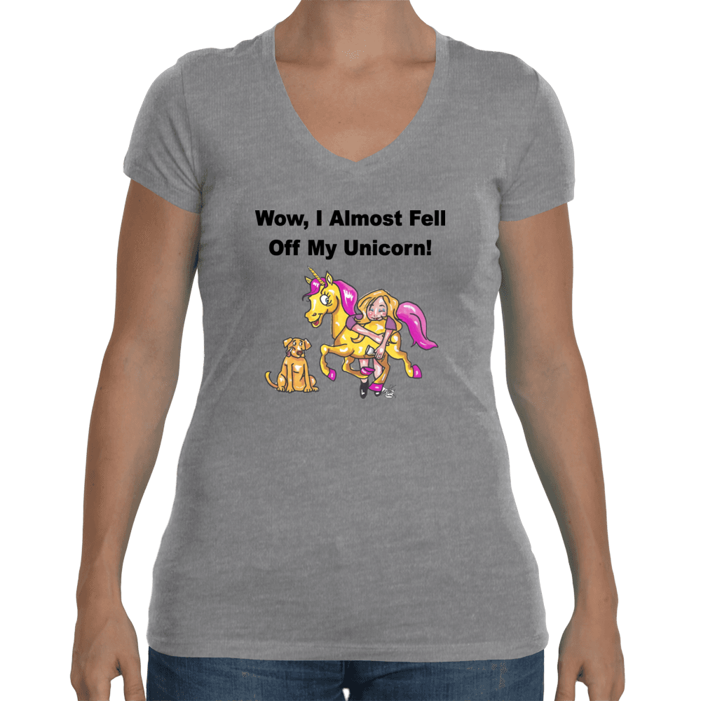 Ladies Soft V Neck T-Shirt Small / Heather Grey WineyBitches,co Wow I Almost Fell Off My Unicorn WineyBitches.co Fell Off My Unicorn WineyBitchesCo