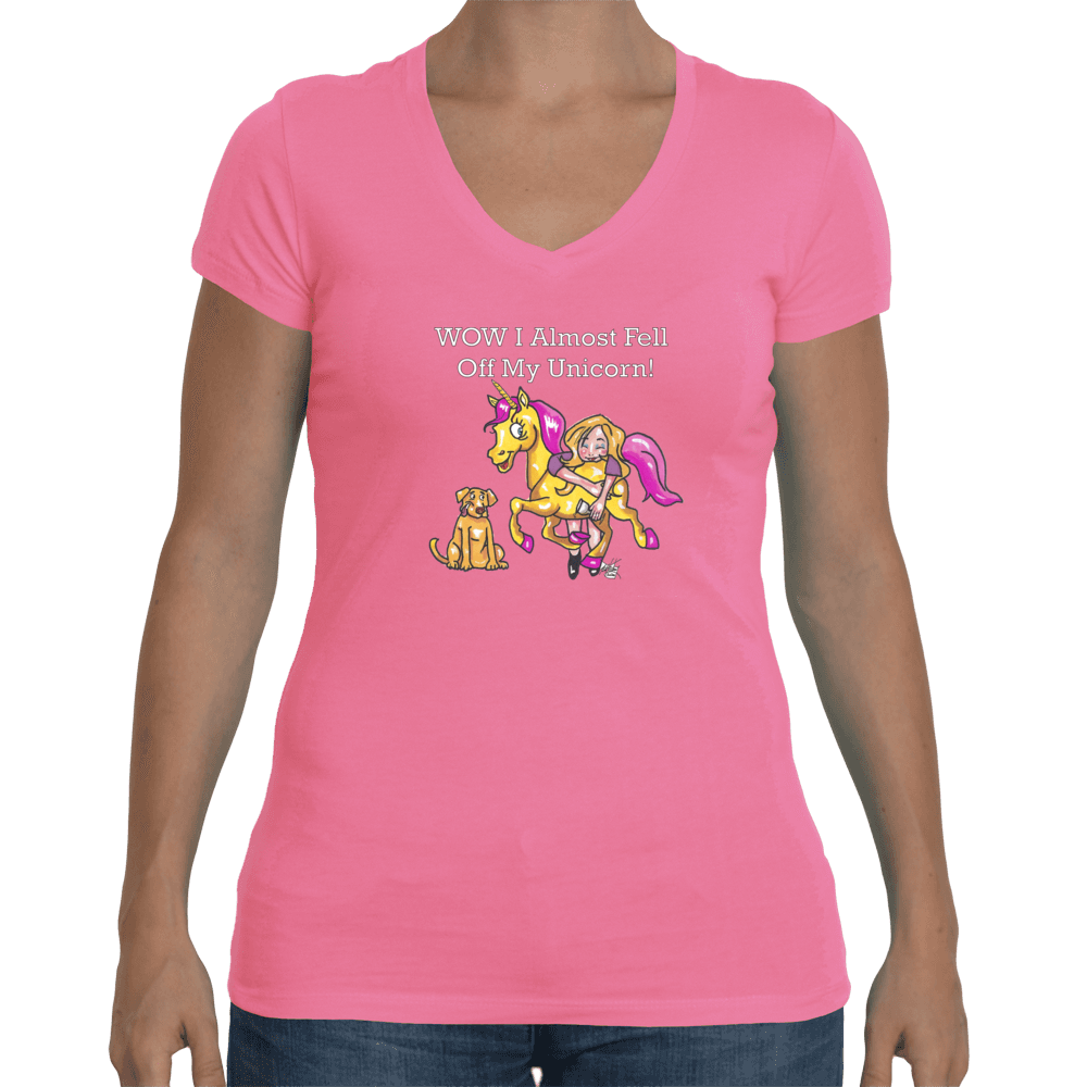 Ladies Soft V Neck T-Shirt Small / Hot Pink WineyBitches,co Wow I Almost Fell Off My Unicorn WineyBitches.co Fell Off My Unicorn WineyBitchesCo