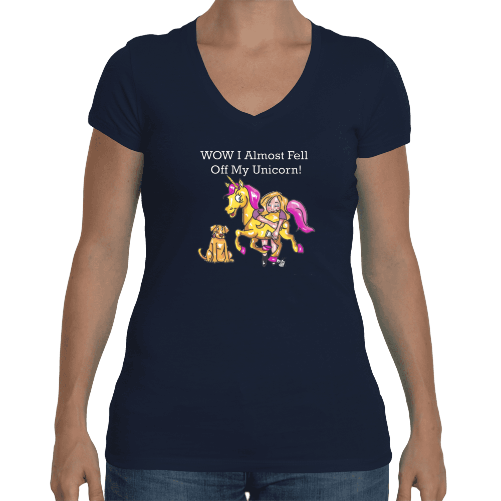 Ladies Soft V Neck T-Shirt Small / Midnight Navy WineyBitches,co Wow I Almost Fell Off My Unicorn WineyBitches.co Fell Off My Unicorn WineyBitchesCo