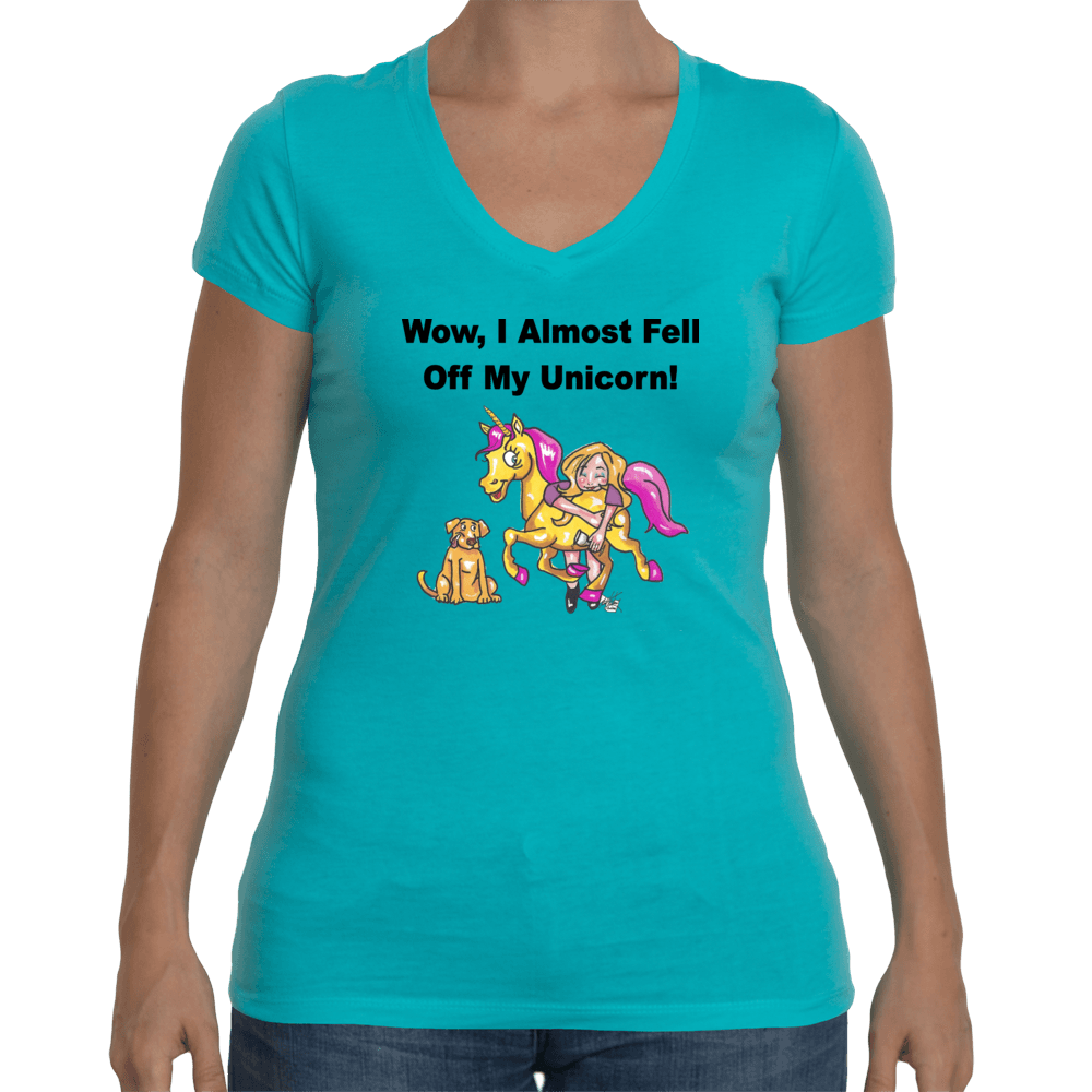 Ladies Soft V Neck T-Shirt WineyBitches,co Wow I Almost Fell Off My Unicorn WineyBitches.co Fell Off My Unicorn WineyBitchesCo