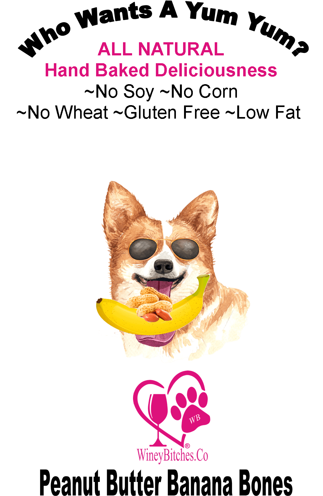 Pet Accessories 1/2 lb Peanut Butter Banana Bones Winey Bitches Co Glass Treat Jar-with "My Bitches Biscuits" with Paws WineyBitchesCo
