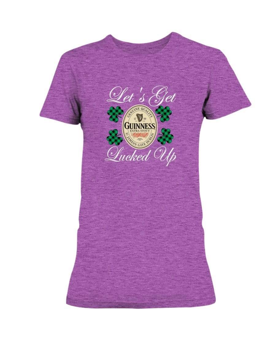 Shirts Hthr Rdnt Orchid / S Winey Bitches Co "Let's Get Lucked Up" Guinness Wht Lettering Ladies Missy T-Shirt WineyBitchesCo