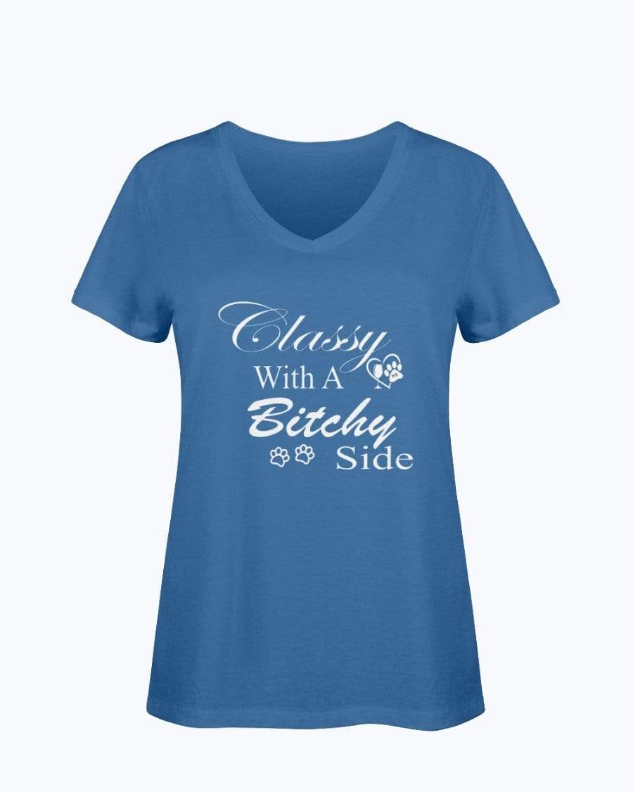 Shirts Royal / S Winey Bitches Co "Classy with a Bitchy Side" White Letters Ladies HD V Neck T WineyBitchesCo