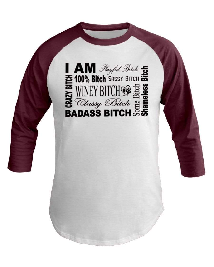 Shirts White/Truffle / XS Winey Bitches Co "I Am Bitch"-Black Letters- 3/4 Sleeve Raglan Shirt WineyBitchesCo