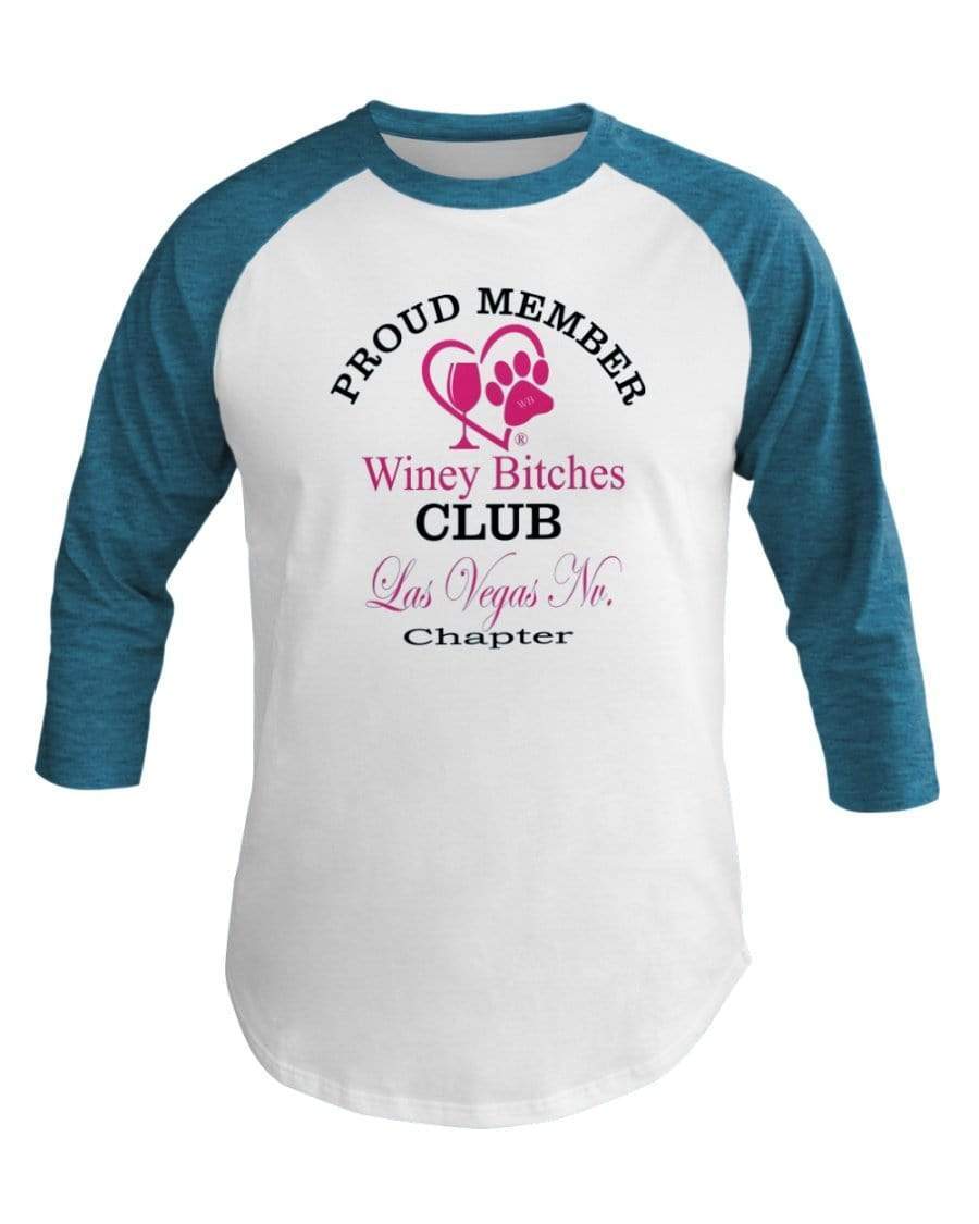 Shirts Wht/Neo Htr Blu / XS Winey Bitches Club-Proud Member- Las Vegas Nv Chapter 3/4 Sleeve Raglan Shirt WineyBitchesCo