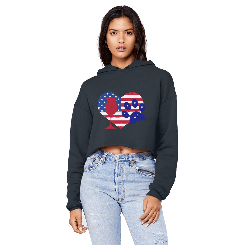 Sweatshirts Navy / XS WineyBitches.Co American Wine Heart Paw Unisex Cropped Raw Edge Boyfriend Hoodie WineyBitchesCo