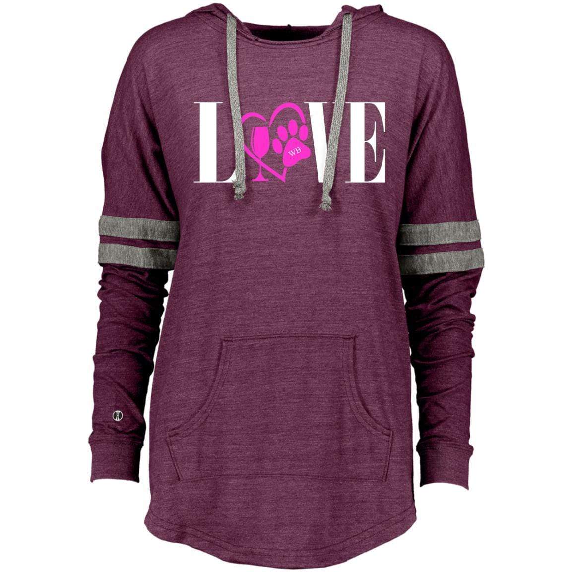 Sweatshirts Vintage Maroon/Vintage Grey / X-Small WineyBitches.co "Love Paw" Collection -Wht Lettering Ladies Hooded Low Key Pullover WineyBitchesCo