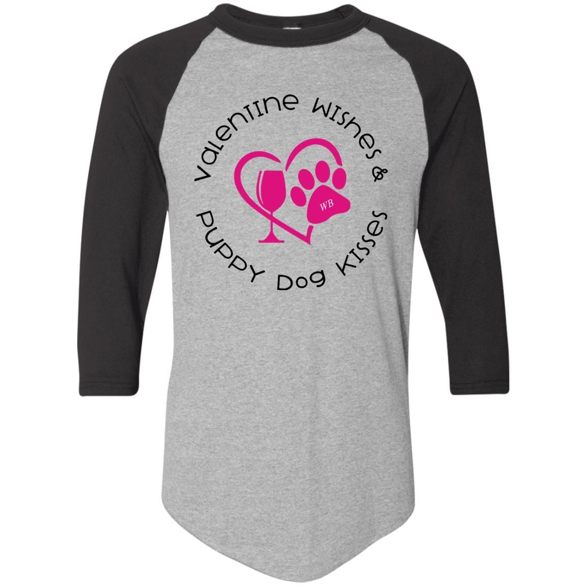 T-Shirts Athletic Heather/Black / S Winey Bitches Co 'Valentine Wishes and Puppy Dog Kisses" (Heart) Colorblock Raglan Jersey WineyBitchesCo