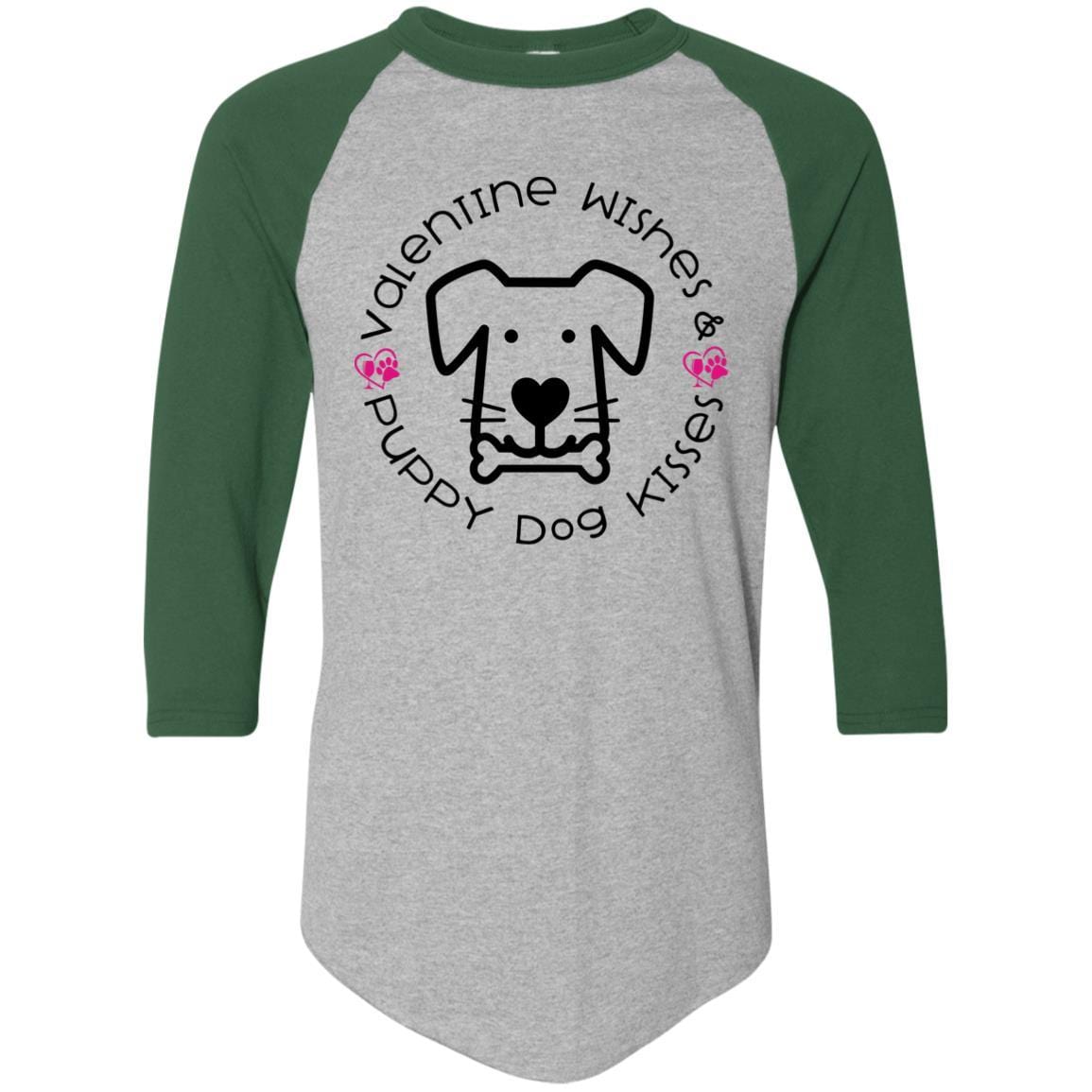T-Shirts Athletic Heather/Dark Green / S Winey Bitches Co 'Valentine Wishes and Puppy Dog Kisses" (Dog) Colorblock Raglan Jersey WineyBitchesCo