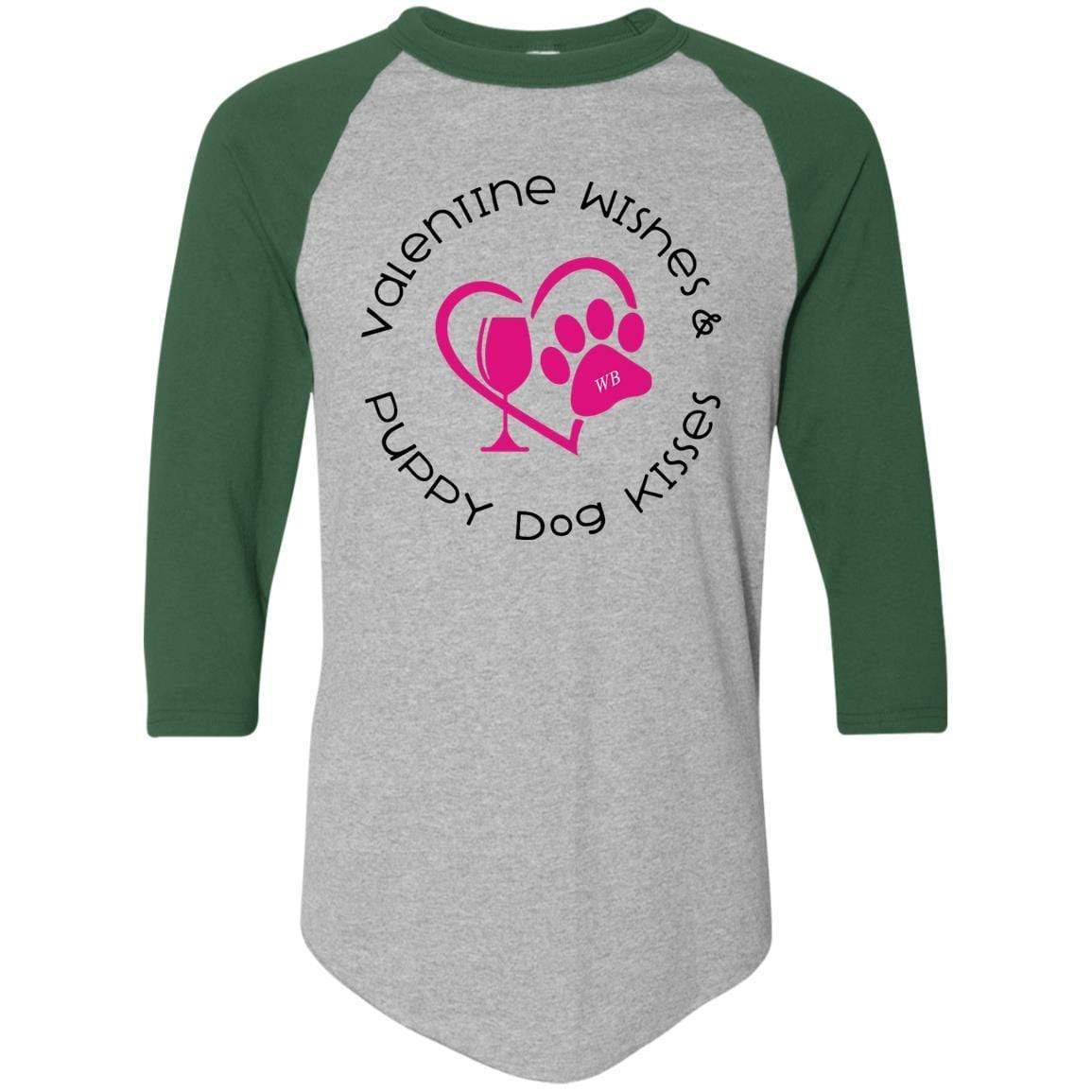 T-Shirts Athletic Heather/Dark Green / S Winey Bitches Co 'Valentine Wishes and Puppy Dog Kisses" (Heart) Colorblock Raglan Jersey WineyBitchesCo