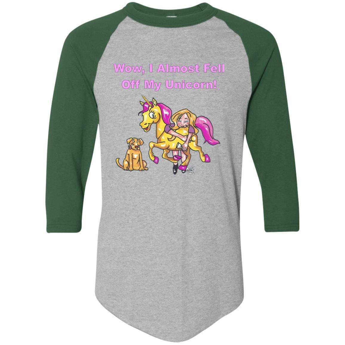 T-Shirts Athletic Heather/Dark Green / S WineyBitches.co "Wow I Almost Fell Off My Unicorn Colorblock Raglan Jersey WineyBitchesCo