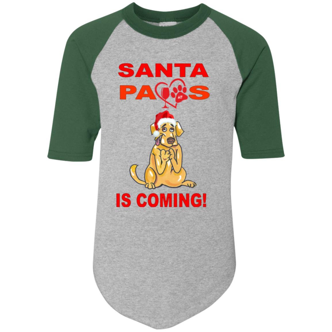 T-Shirts Athletic Heather/Dark Green / YS WineyBitches.co Santa Paws Is Coming Youth Colorblock Raglan Jersey WineyBitchesCo