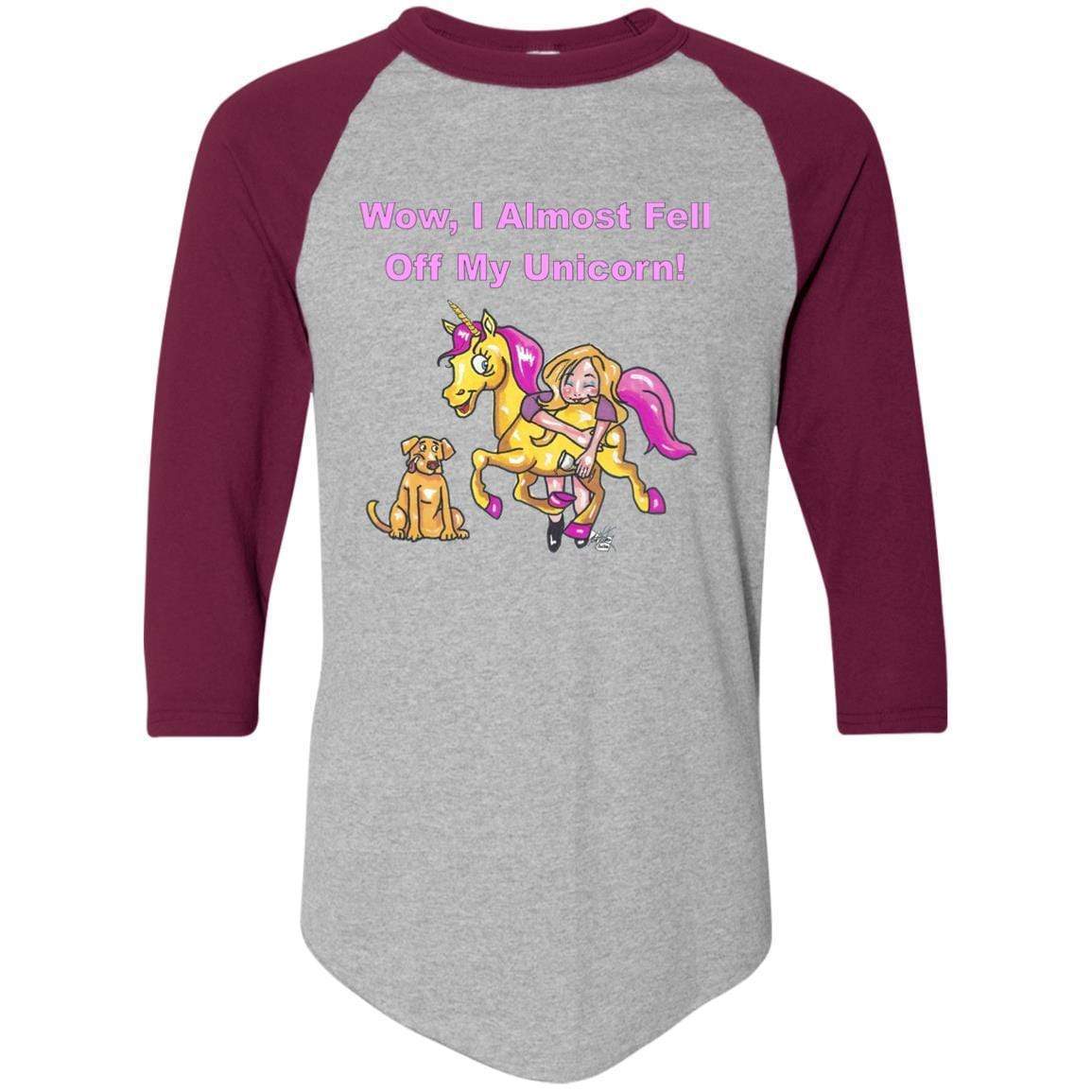 T-Shirts Athletic Heather/Maroon / S WineyBitches.co "Wow I Almost Fell Off My Unicorn Colorblock Raglan Jersey WineyBitchesCo
