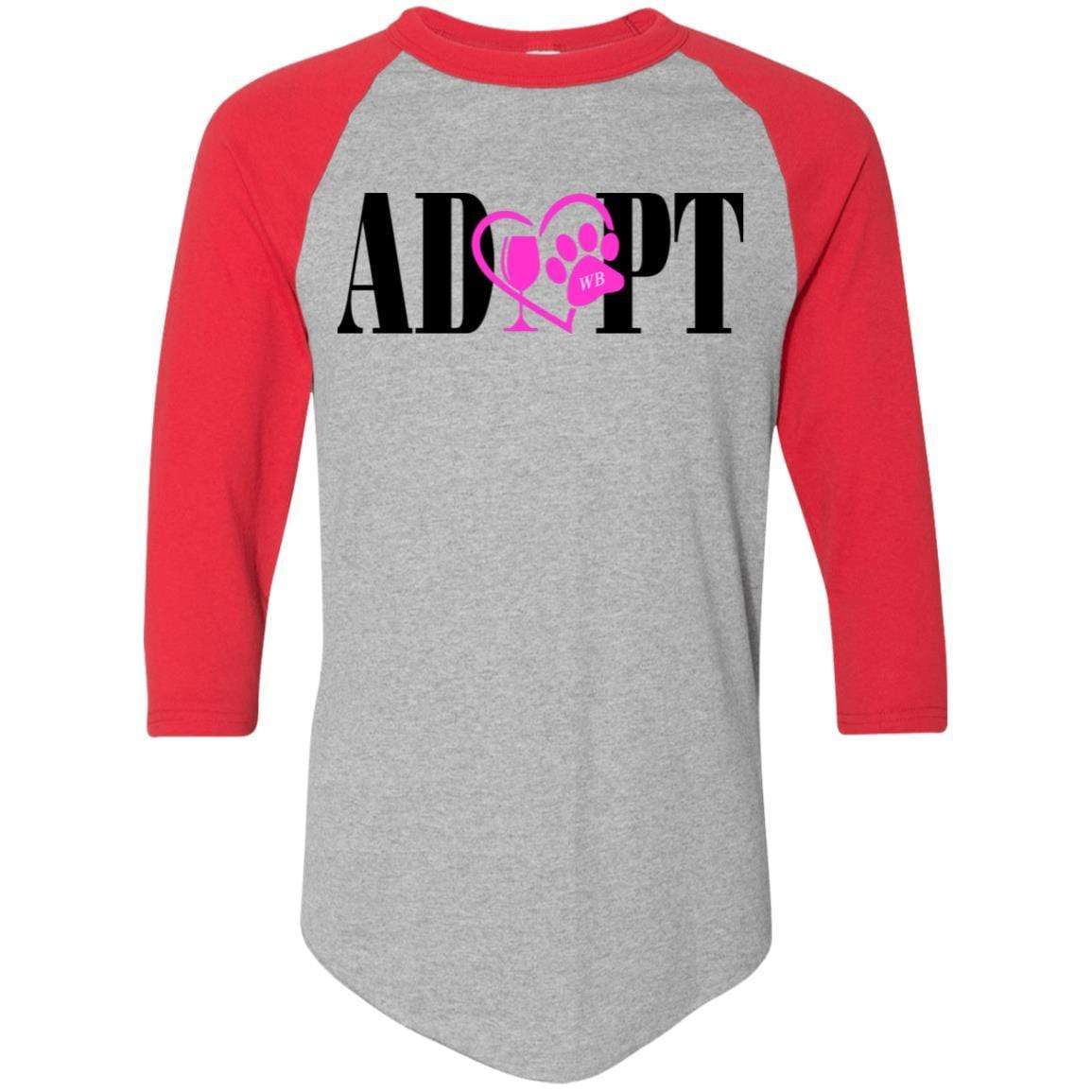 T-Shirts Athletic Heather/Red / S WineyBitches.Co “Adopt” Colorblock Raglan Jersey-Pink Heart-Blk Lettering WineyBitchesCo