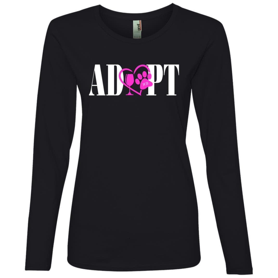 T-Shirts Black / S WineyBitches.Co “Adopt” Ladies' Lightweight LS T-Shirt - Pink Heart- Wht Lettering WineyBitchesCo