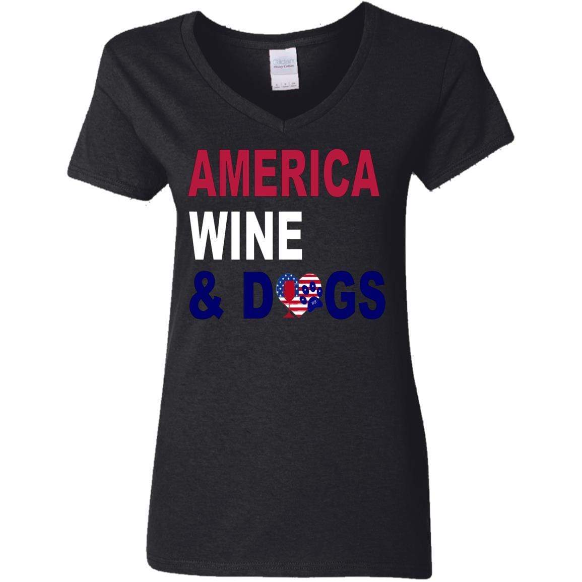 T-Shirts Black / S WineyBitches.Co "America Wine and Dogs" Ladies' 5.3 oz. V-Neck T-Shirt WineyBitchesCo