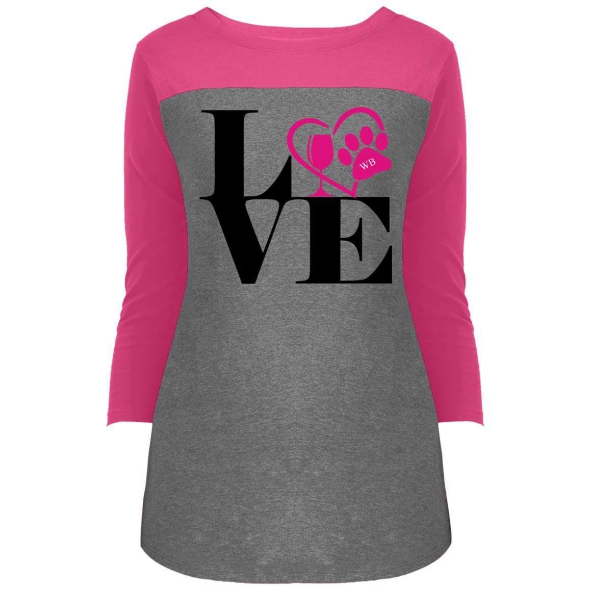 T-Shirts Dark Fuchsia/Grey Frost / X-Small WineyBitches.Co "Love Paw 2" Juniors' Rally 3/4 Sleeve T-Shirt WineyBitchesCo