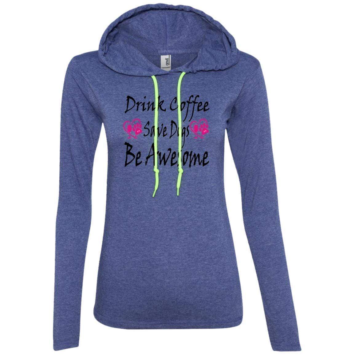 T-Shirts Heather Blue/Neon Yellow / S Winey Bitches Co "Drink Coffee Save Dogs Be Awesome" Ladies' LS T-Shirt Hoodie WineyBitchesCo