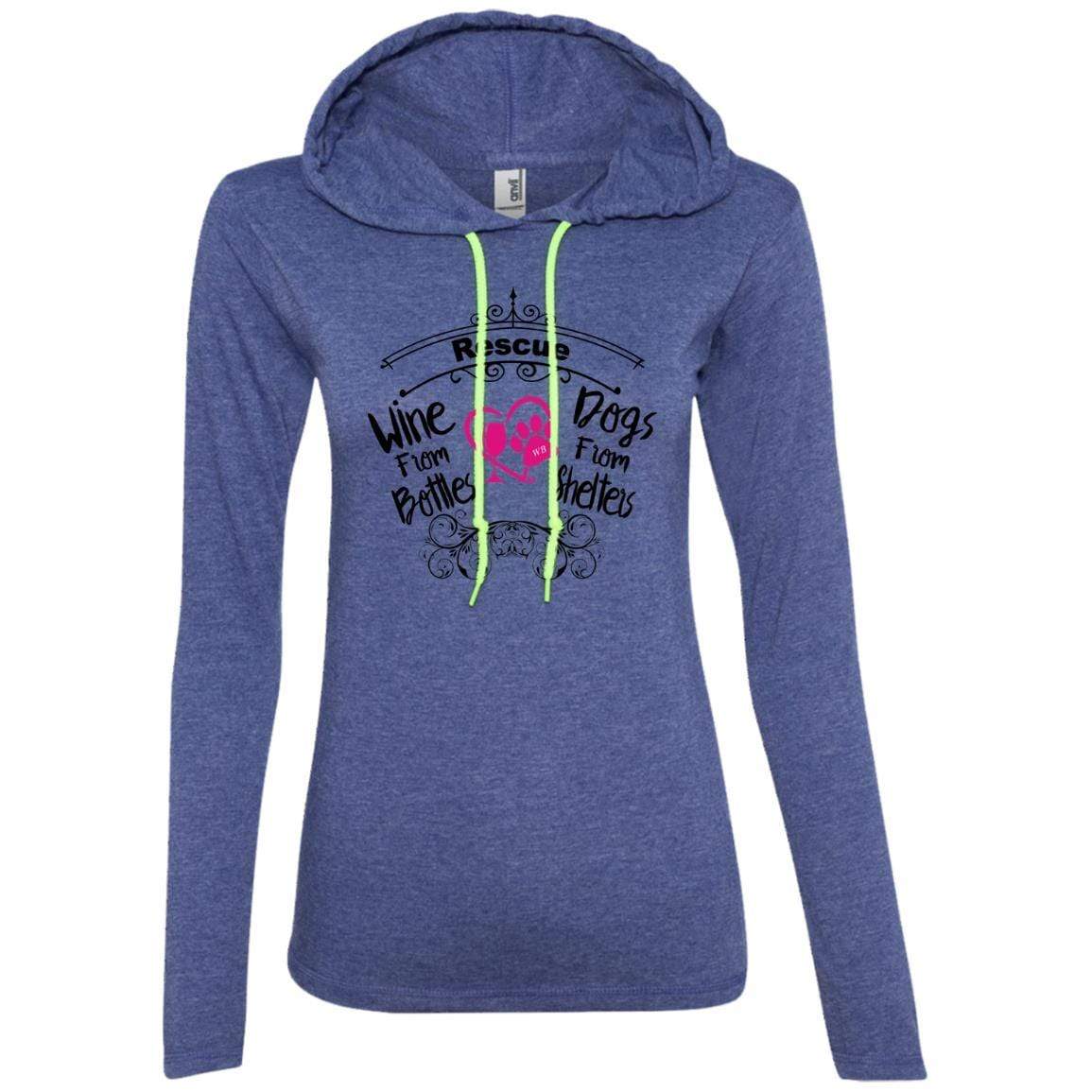 T-Shirts Heather Blue/Neon Yellow / S Winey Bitches Co "I Rescue Wine From Bottles & Dog From Shelters" Ladies' LS T-Shirt Hoodie WineyBitchesCo