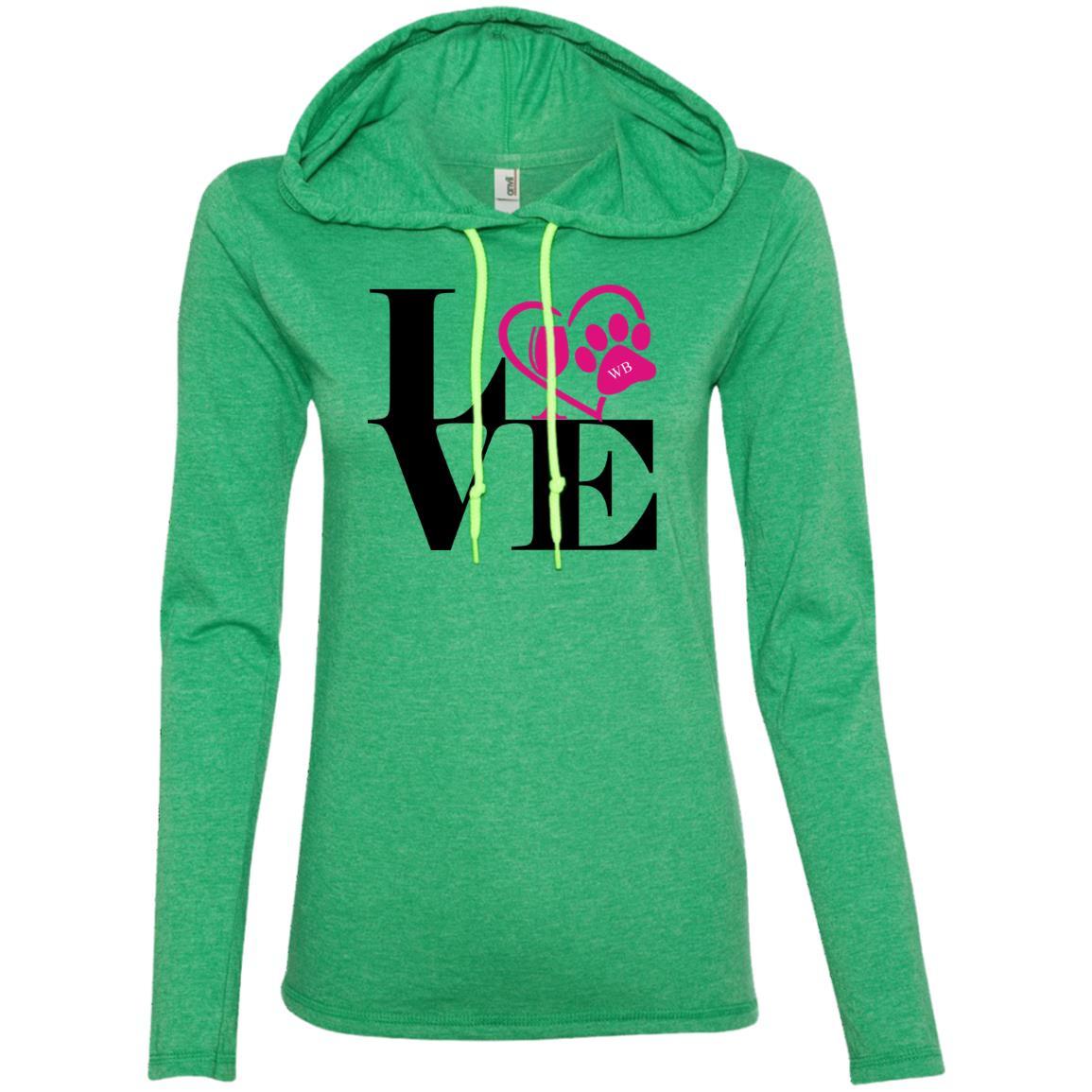 T-Shirts Heather Green/Neon Yellow / S WineyBitches.Co "Love Paw 2" Ladies' LS T-Shirt Hoodie WineyBitchesCo