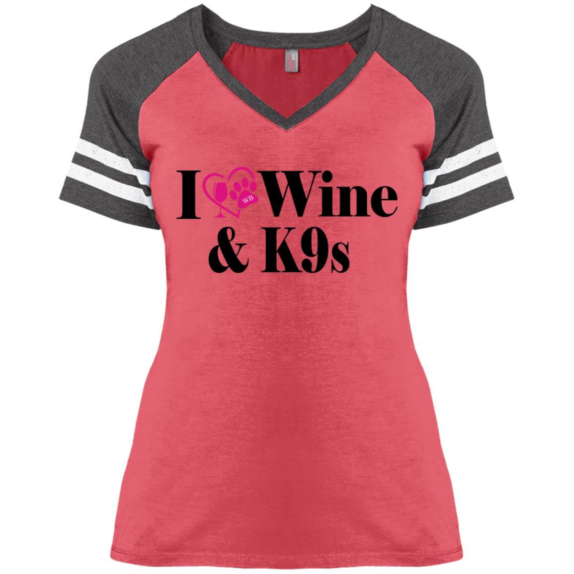 T-Shirts Heather Red/Heathered Charcoal / X-Small WineyBitches.Co "I Love Wine and K9s" Ladies' Game V-Neck T-Shirt WineyBitchesCo