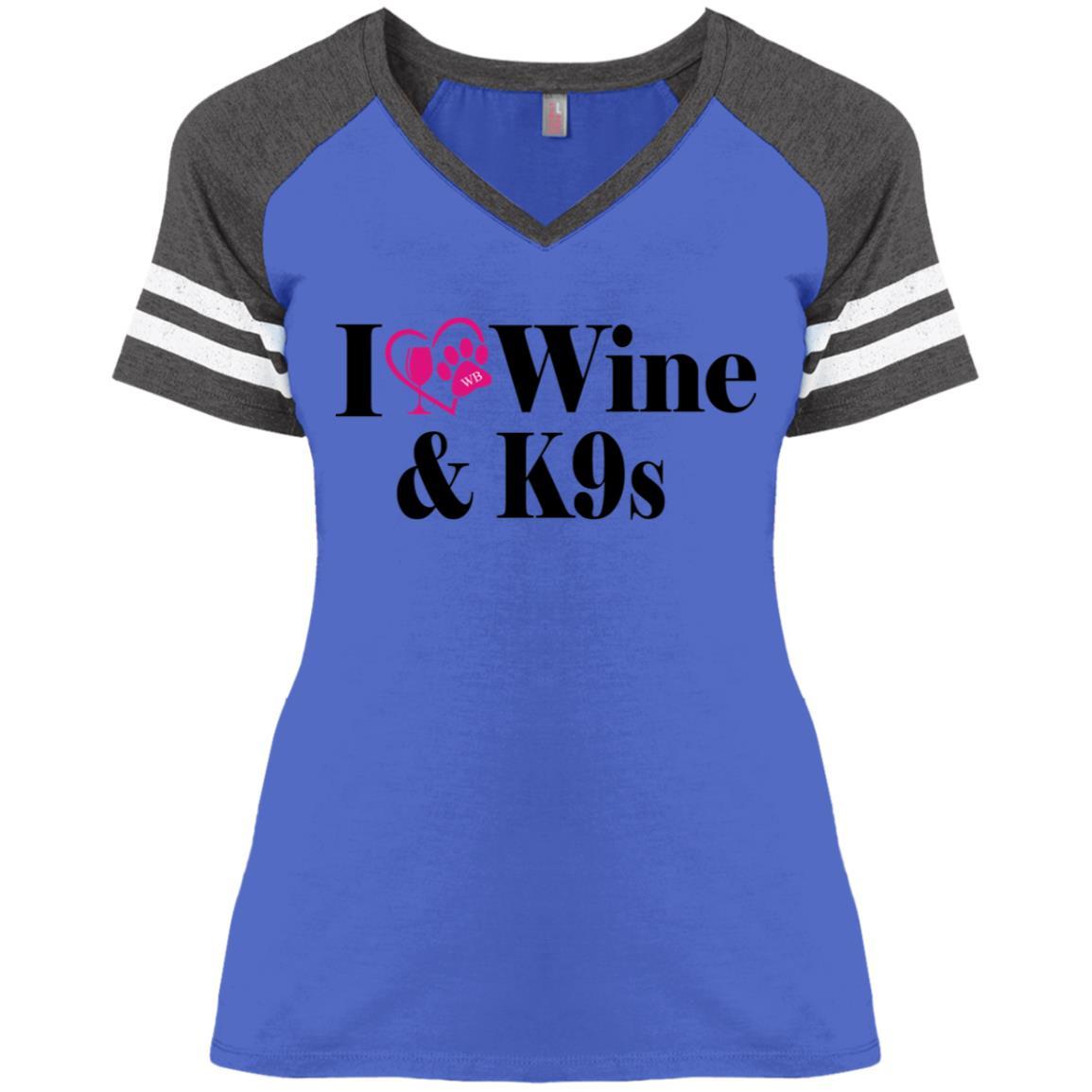 T-Shirts Heather Royal/Heathered Charcoal / X-Small WineyBitches.Co "I Love Wine and K9s" Ladies' Game V-Neck T-Shirt WineyBitchesCo