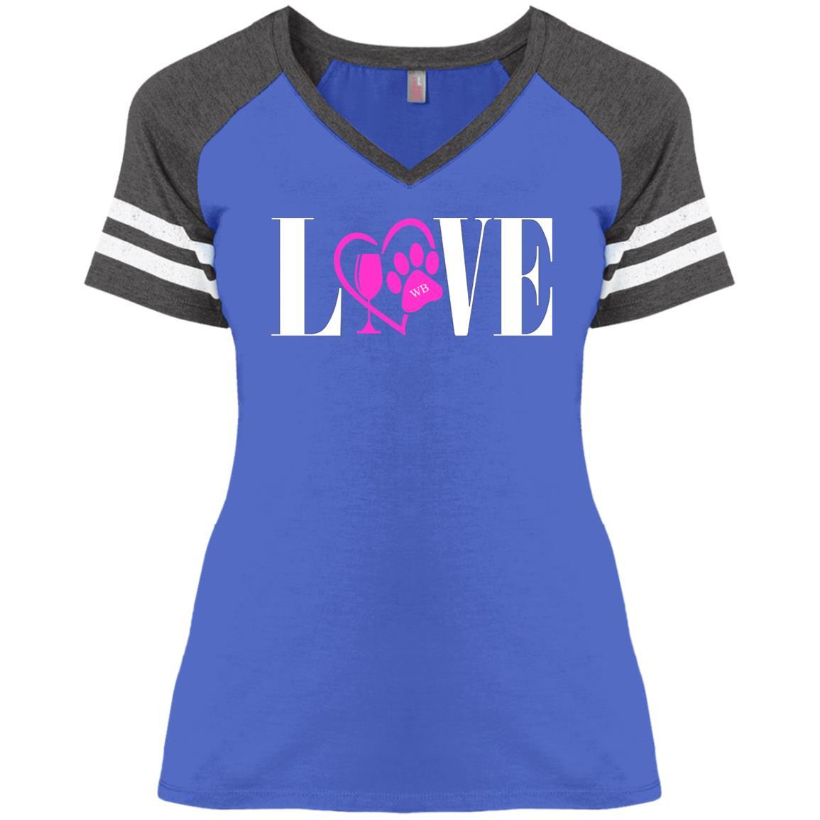 T-Shirts Heather Royal/Heathered Charcoal / X-Small WineyBitches.co "Love Paw" Collection -Wht Lettering Ladies' Game V-Neck T-Shirt WineyBitchesCo