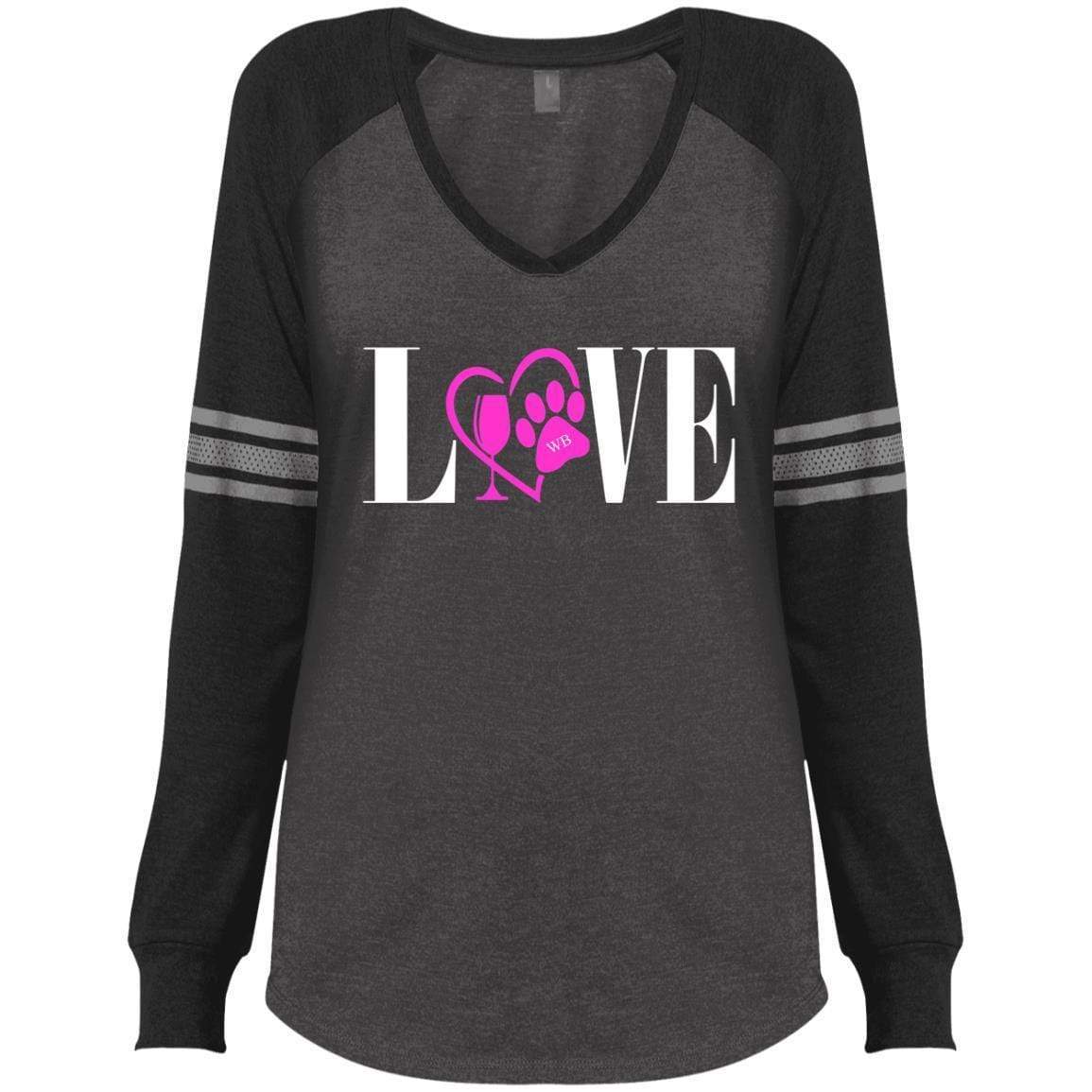 T-Shirts Heathered Charcoal/Black / X-Small WineyBitches.co "Love Paw" Collection -Wht Lettering Ladies' Game LS V-Neck T-Shirt WineyBitchesCo