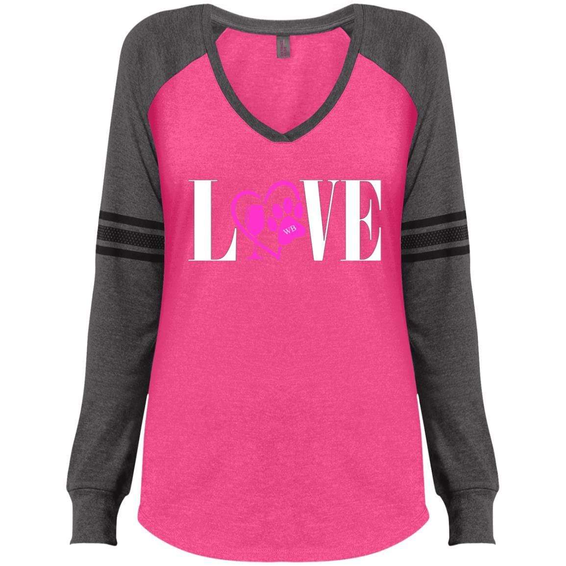 T-Shirts Heathered Dark Fuchsia/Heathered Charcoal / X-Small WineyBitches.co "Love Paw" Collection -Wht Lettering Ladies' Game LS V-Neck T-Shirt WineyBitchesCo
